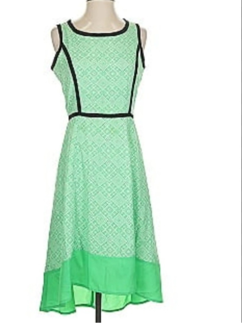 Sleeveless Green Patterned Fit-and-Flare Dress with Black Trim size S